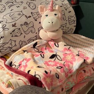 Adorable Pink Unicorn Plush with Floral Blanket